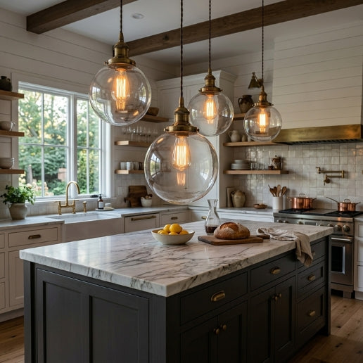 Industrial Clear Glass Globe Pendant Light – Modern Brass Hanging Ceiling Fixture for Kitchen Island, Dining Room, Cafe & Restaurant – E26/E27 Socket