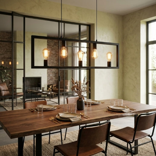 Industrial Rectangle Island Pendant Light 5-Light Black Iron Hanging Fixture for Kitchen Island & Dining Table