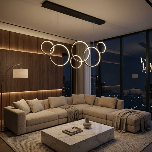 Modern 6 Ring LED Linear Suspension Chandelier Light Black & White 130W Contemporary Ceiling Fixture