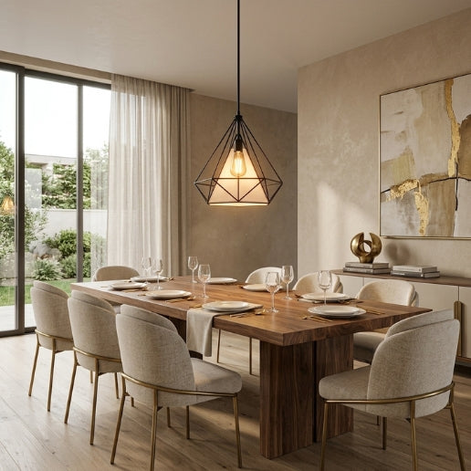 Pendant Light White Geometric Wire Frame With Shade | Modern Iron Hanging Ceiling Light