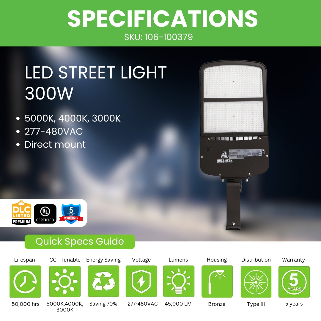 LED Street Light - 300W - 150 LM/W - CCT Tunable - Shorting Cap + 10KV Surge protection – Direct Mount - AL5 Series - High Voltage - UL+DLC 5.1 Premium
