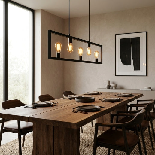 Industrial Rectangle Island Pendant Light 5-Light Black Iron Hanging Fixture for Kitchen Island & Dining Table