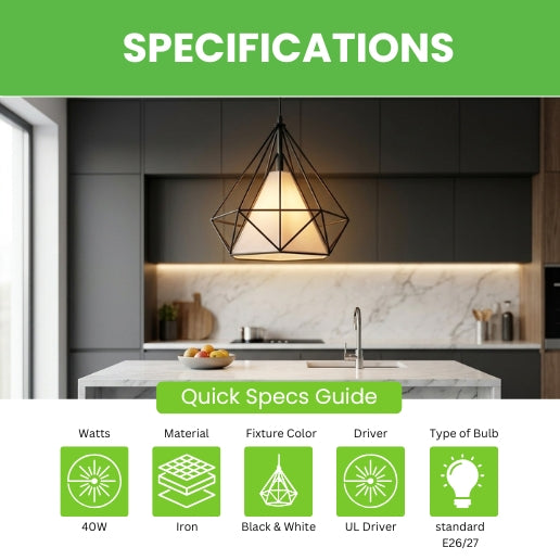 Pendant Light White Geometric Wire Frame With Shade | Modern Iron Hanging Ceiling Light