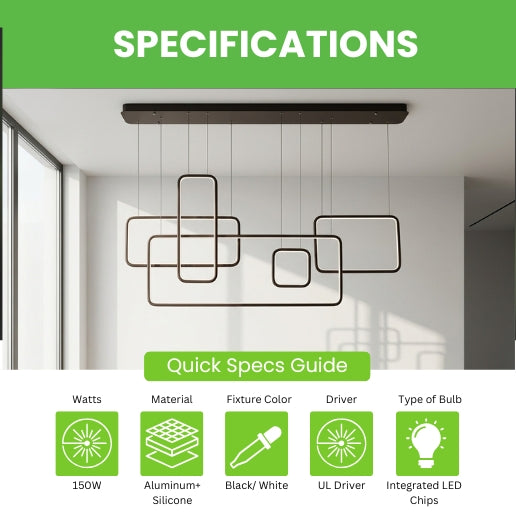 150W Modern Chandelier LED Rectangular Suspension Light - Contemporary Ceiling Fixture
