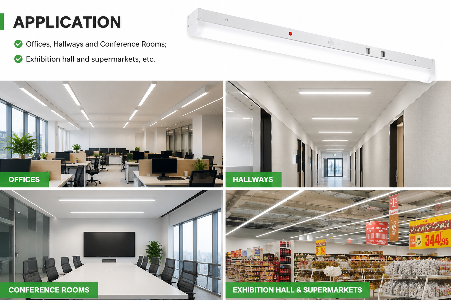 4FT LED Strip Light Fixture - 40W/30W/20W Selectable Wattage - 3000K/4000K/5000K Selectable CCT - UL + DLC