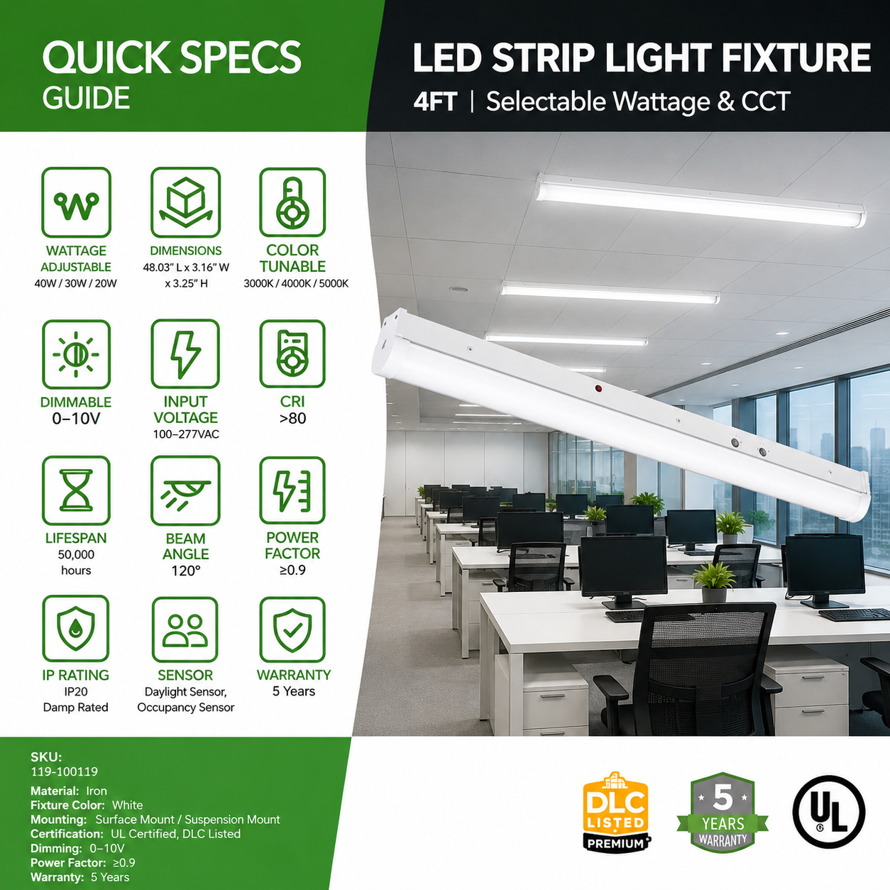 4FT LED Strip Light Fixture - 40W/30W/20W Selectable Wattage - 3000K/4000K/5000K Selectable CCT - UL + DLC