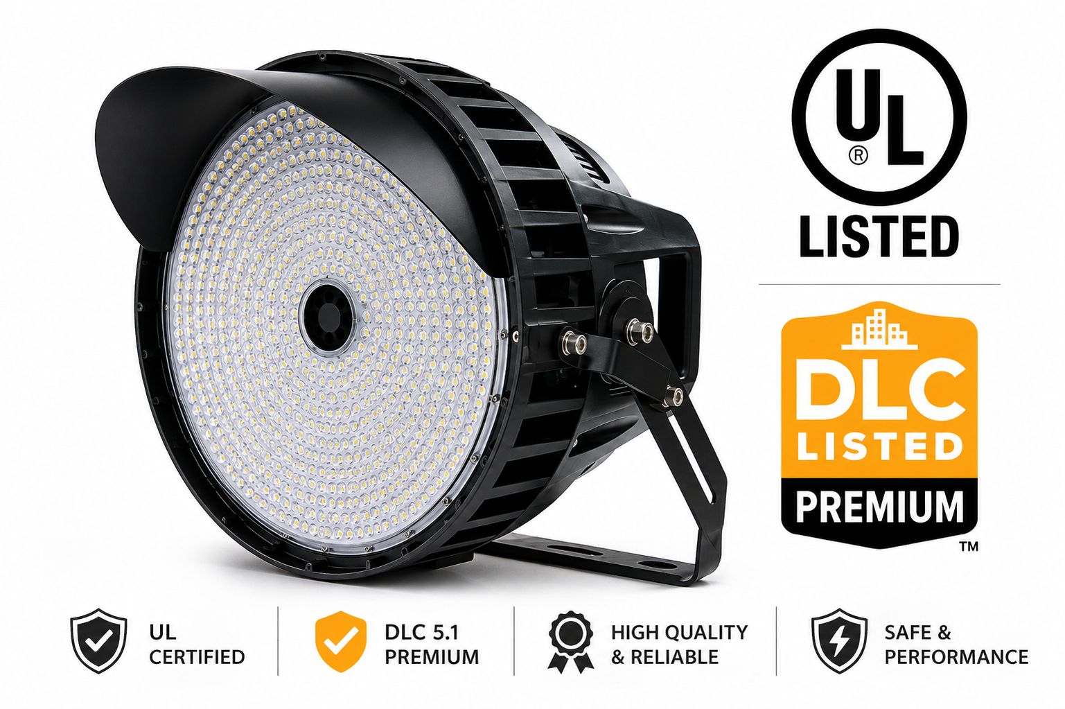 1200W LED Sport Light – 1200/1000/800W Adjustable – 181,200 Lumens – 5000K – 30° Beam – 277-480V – 20KV Surge – UL + DLC 5.1 Premium – SP3