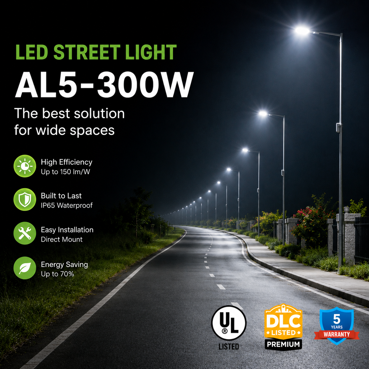 LED Street Light - 300W - 153 LM/W - CCT Tunable - Shorting Cap -Slip Fitter Mount - + 10KV Surge protection  - AL5 Series - UL+DLC 5.1 Premium