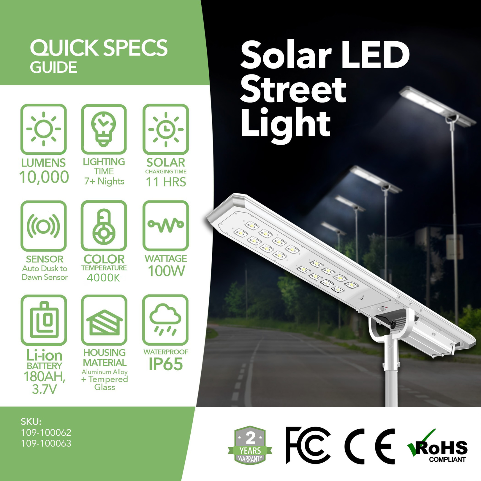 100W Solar LED Street Light 4000K – 10,000 Lumens All-in-One Outdoor Area & Pathway Light, IP65 Waterproof