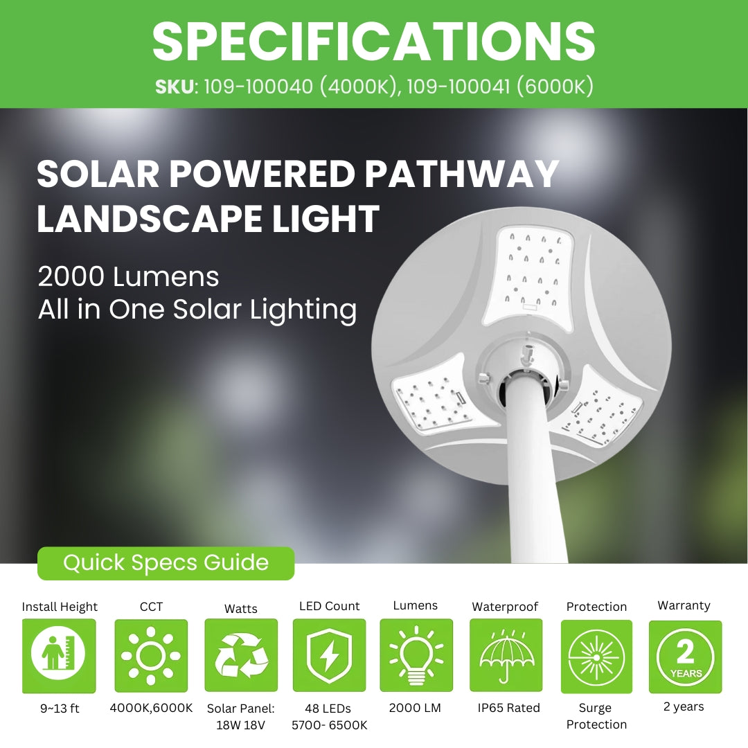 Solar Powered Pathway Landscape light - 2000 Lumens All in One Solar Lighting
