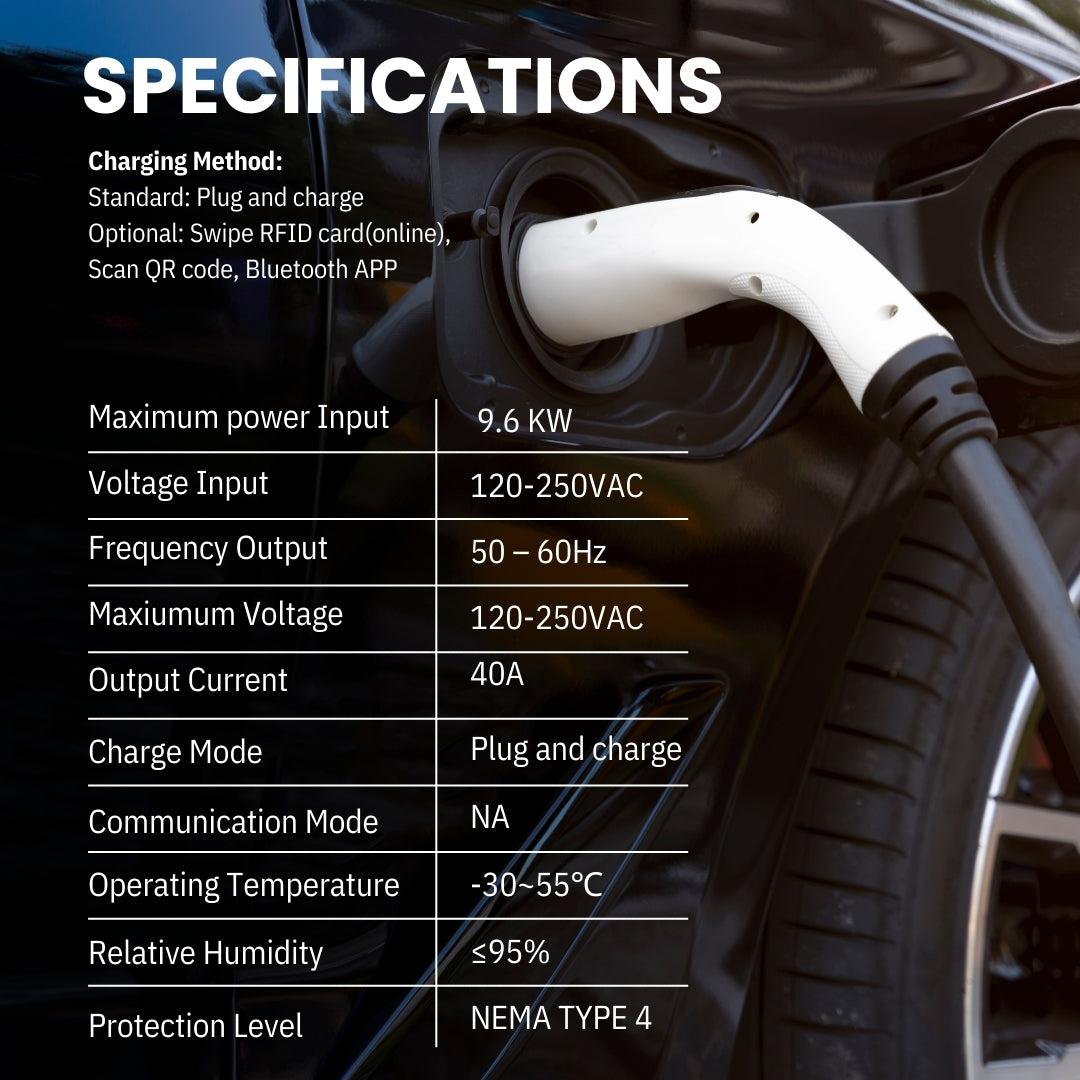 EV Charger 9.6KW - CE - NEMA 14-50 - 40A/25ft cable - ETL, FC, Energy Star Certified