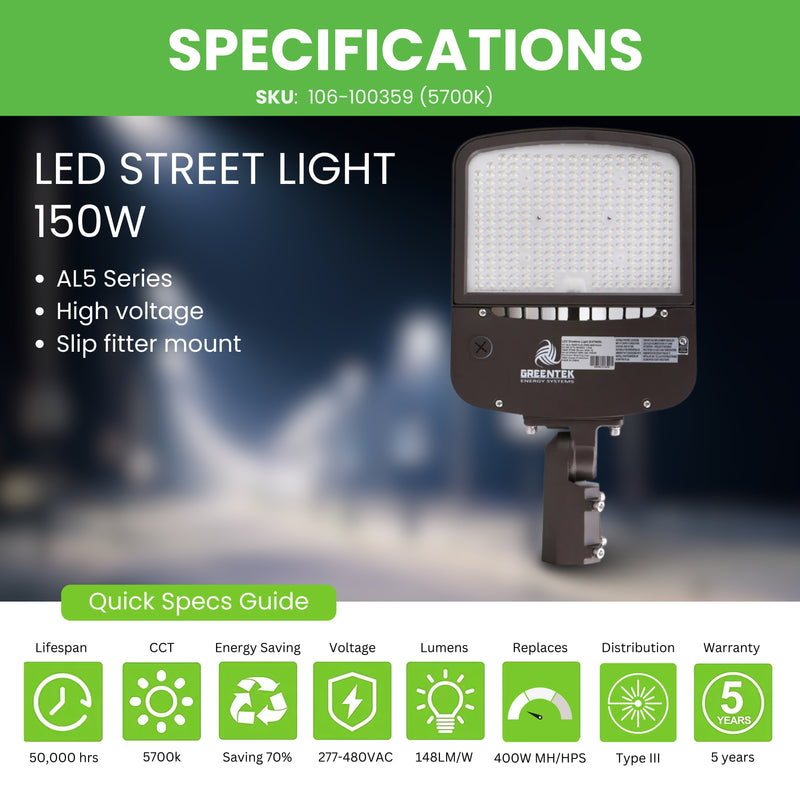 LED Street Light - 150W - 22,200 Lumens - Shorting Cap - Slip Fitter Mount - AL5 Series - High Voltage - UL+DLC 5.1