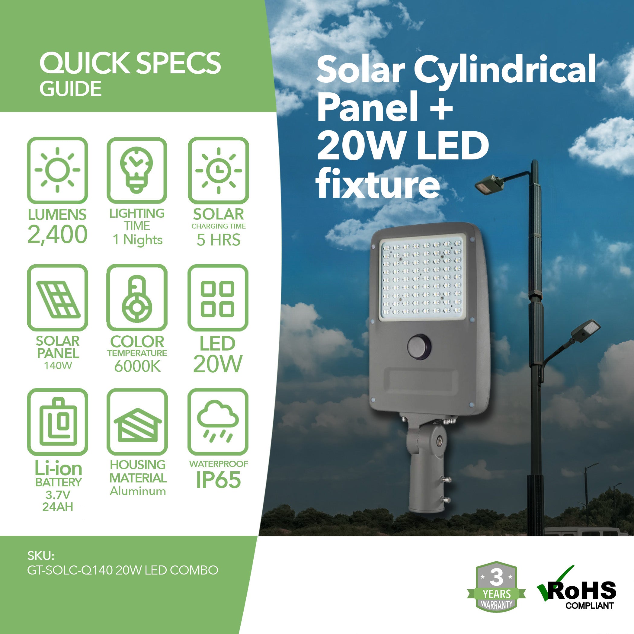 Solar Cylindrical Panel PLUS 20W LED fixture