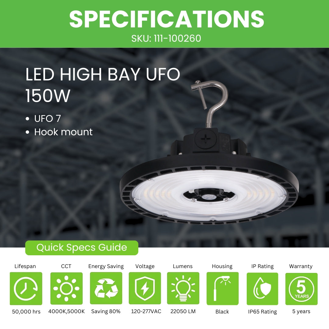 LED High Bay -  147 LM/ W- Wattage Tunable (150W/120W/100W) - CCT Selectable (5000K/4000K) - UFO7 - Hook Mount - Black - UL DLC 5.1