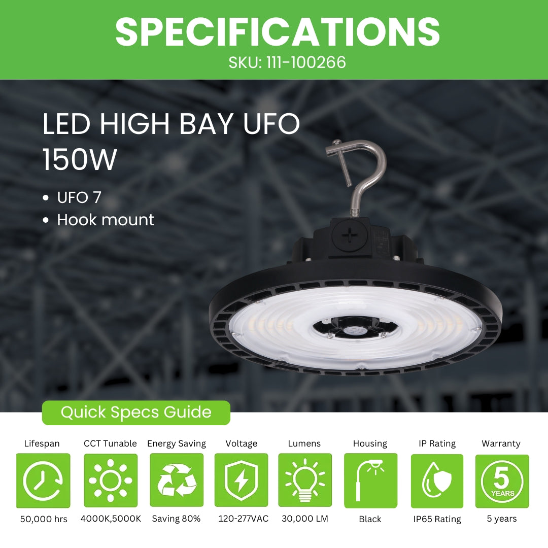LED High Bay -  156 LM/ W- Wattage Tunable (200/150/120W) - CCT Selectable (5000K/4000K) - UFO7 - Hook Mount - Black - UL DLC 5.1