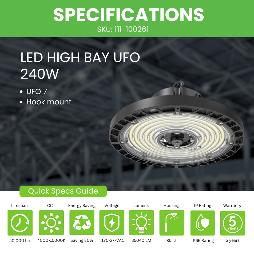 LED High Bay -  146 LM/ W- Wattage Tunable (240/200/150W) - CCT Selectable (5000K/4000K) - UFO7 - Hook Mount - Black - UL DLC 5.1