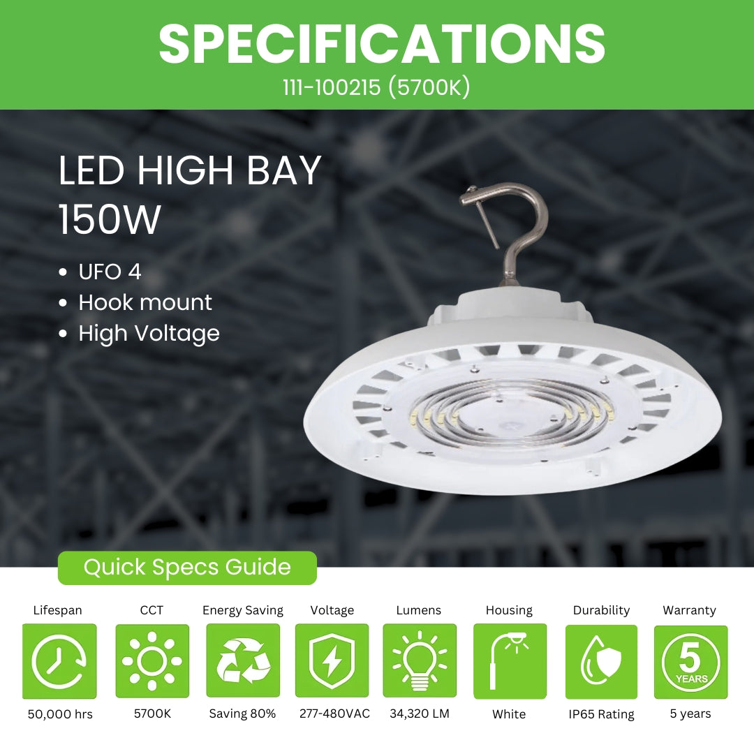 LED High Bay - 150W - 21,200 Lumens - UFO4 - HIGH VOLTAGE - Hook Mount - UL+DLC5.1