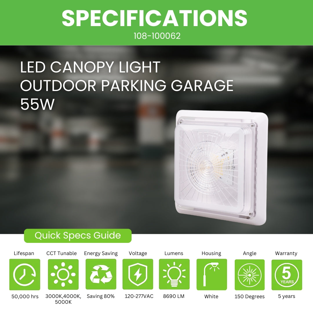 LED Canopy Light - 55W Outdoor Parking Garage Light - CCT Tunable (3000/4000/5000K) - White - (UL+DLC Listed)