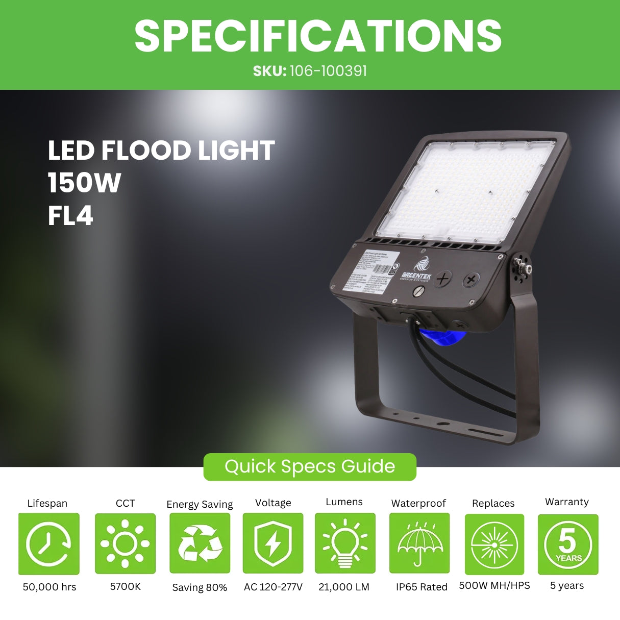 LED Flood Light - FL4 - 150W - 21000 LM -  DC Photocell - Flood Mount - DLC