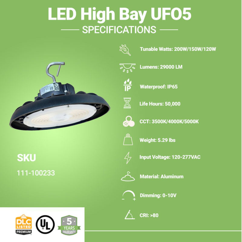 Specifications of LED High Bay UFO5 Light by Greentek Energy Systems