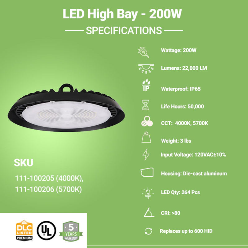LED High Bay - 200W - 4 Pack - 22,000 Lumens - Slim UFO - Hook Mount - UFO Series - UL