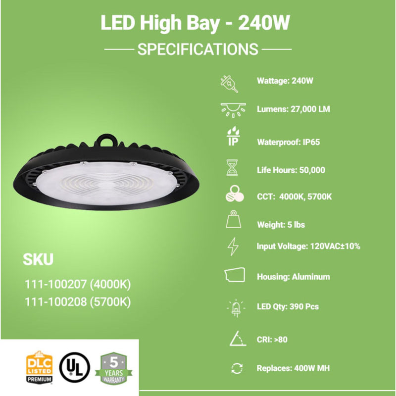 Specifications of LED Slim UFO Light High Bay Light 240W by greenlight depot