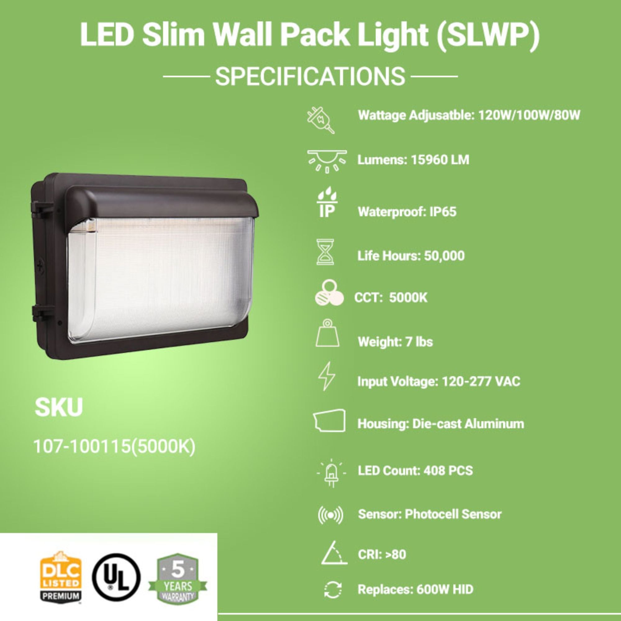 LED Slim Wall Pack Light - 133 LM/W - Wattage Tunable - 120W/100W/80W - Photocell Included - SLWP - Forward Throw - UL DLC 5.1 Listed