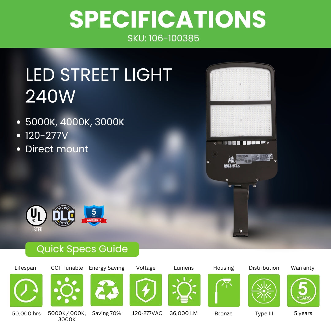 LED Street Light - 240W - 140 lm/w - CCT Tunable - Shorting Cap + 10KV Surge protection - Direct Mount - AL5 Series - UL+DLC 5.1