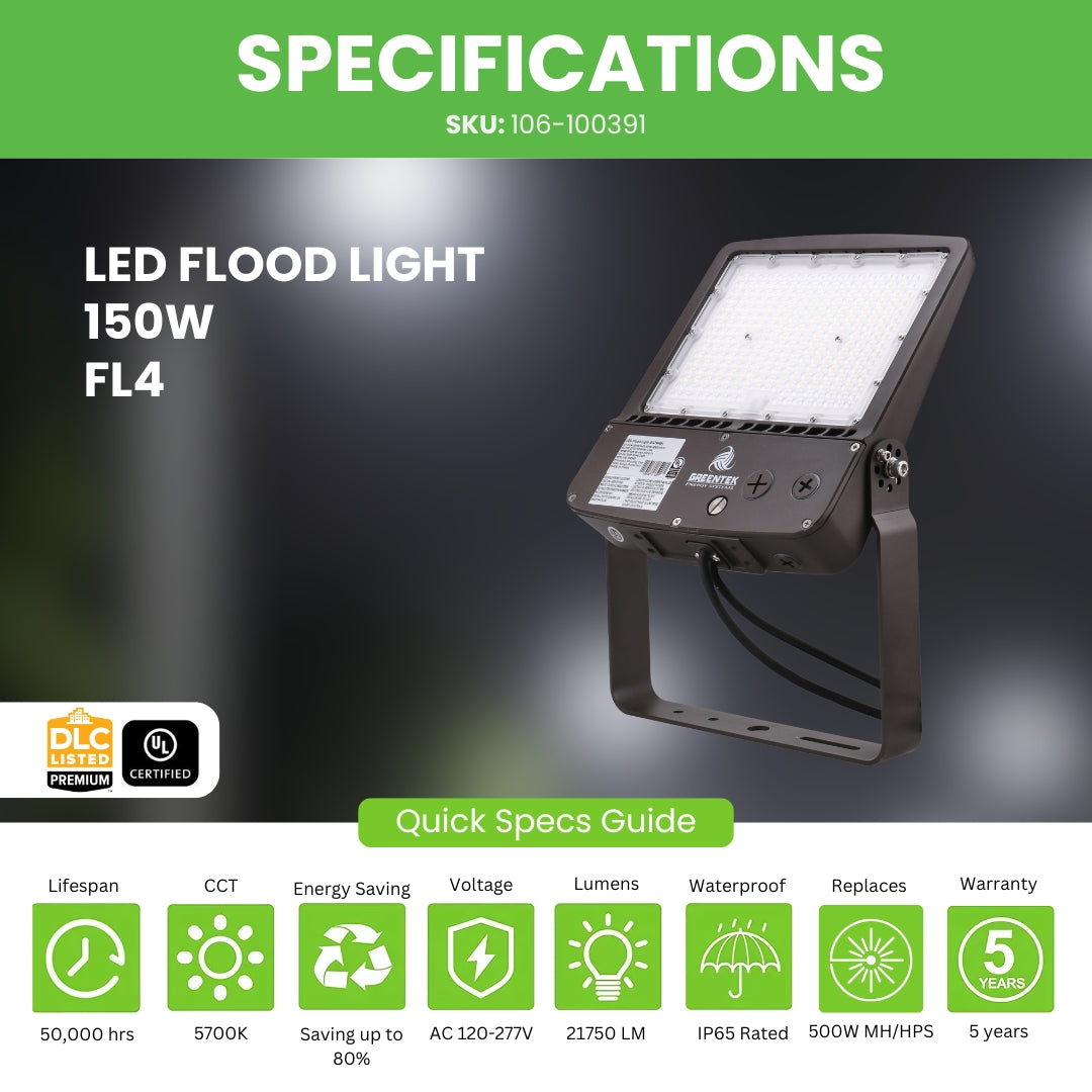 LED Flood Light - FL4 - 150W - 21000 LM -  Built-in DC Photocell - Flood Mount - DLC 5.1 Premium