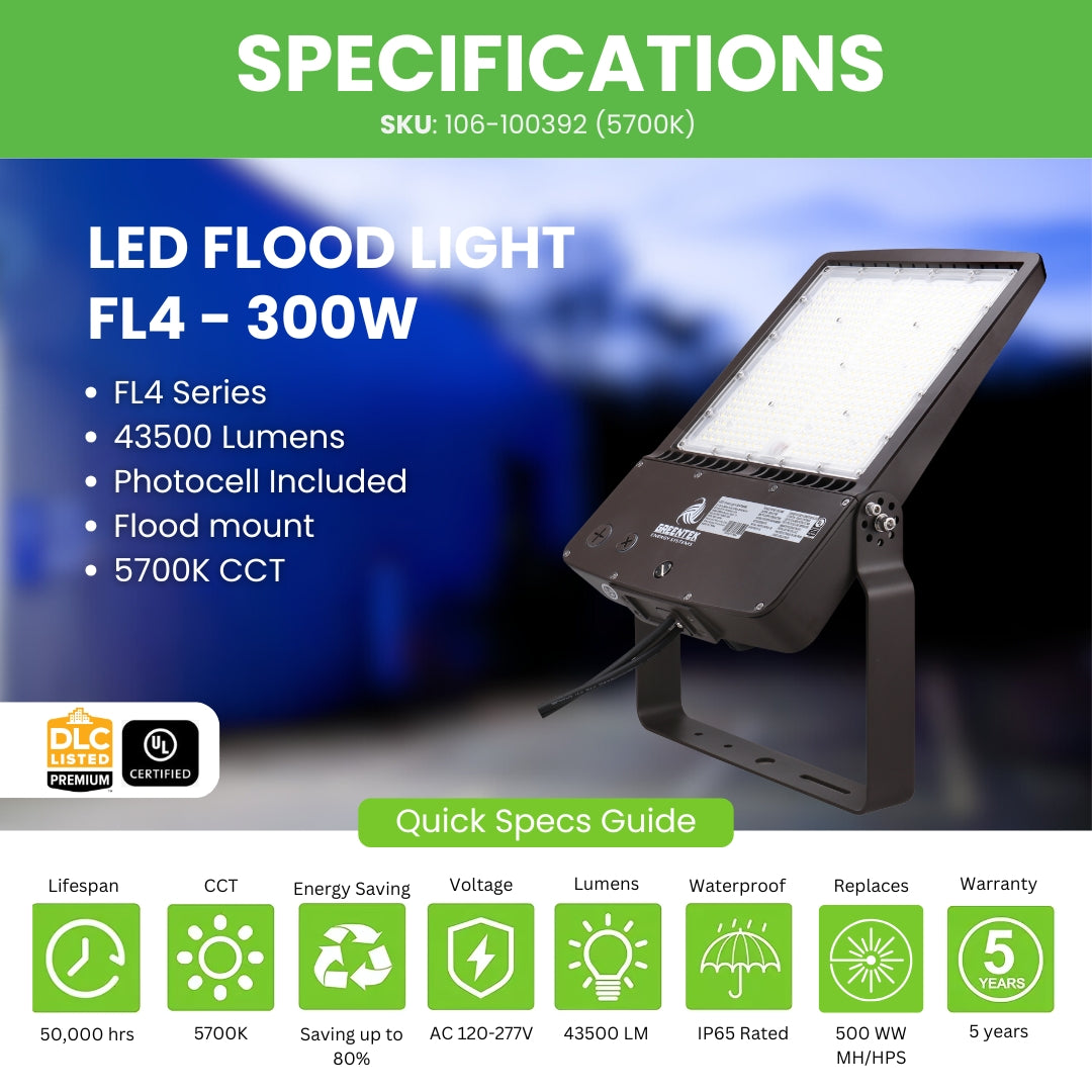LED Flood Light – FL4 – 300W – 43500LM – Built-in DC Photocell – Flood Mount – 120-277V – DLC 5.1 Premium