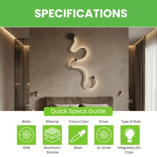 Modern LED Snake Wall Lamp 40W Black Aluminum Silicone Wall Light Fixture