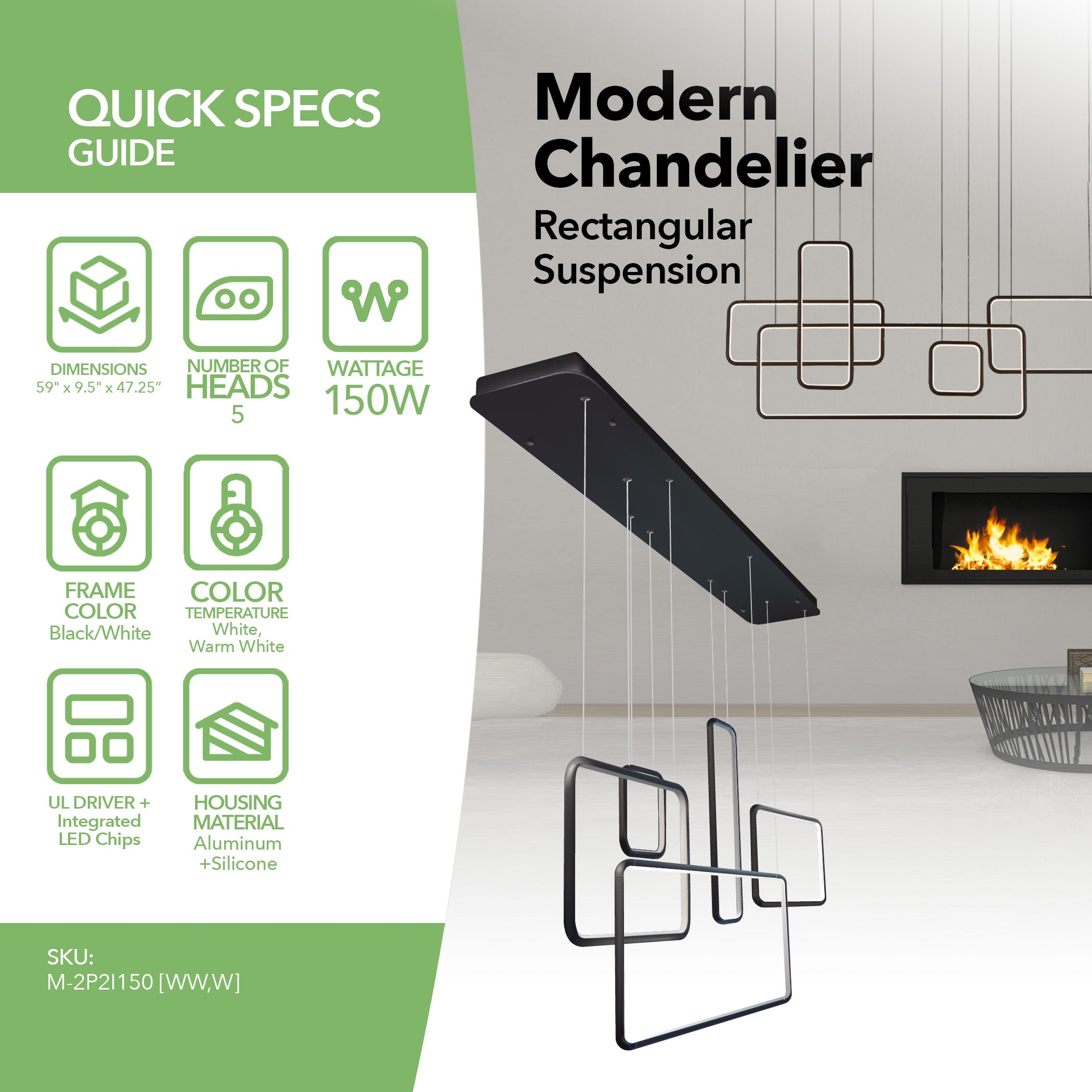 150W Modern Chandelier LED Rectangular Suspension Light - Contemporary Ceiling Fixture
