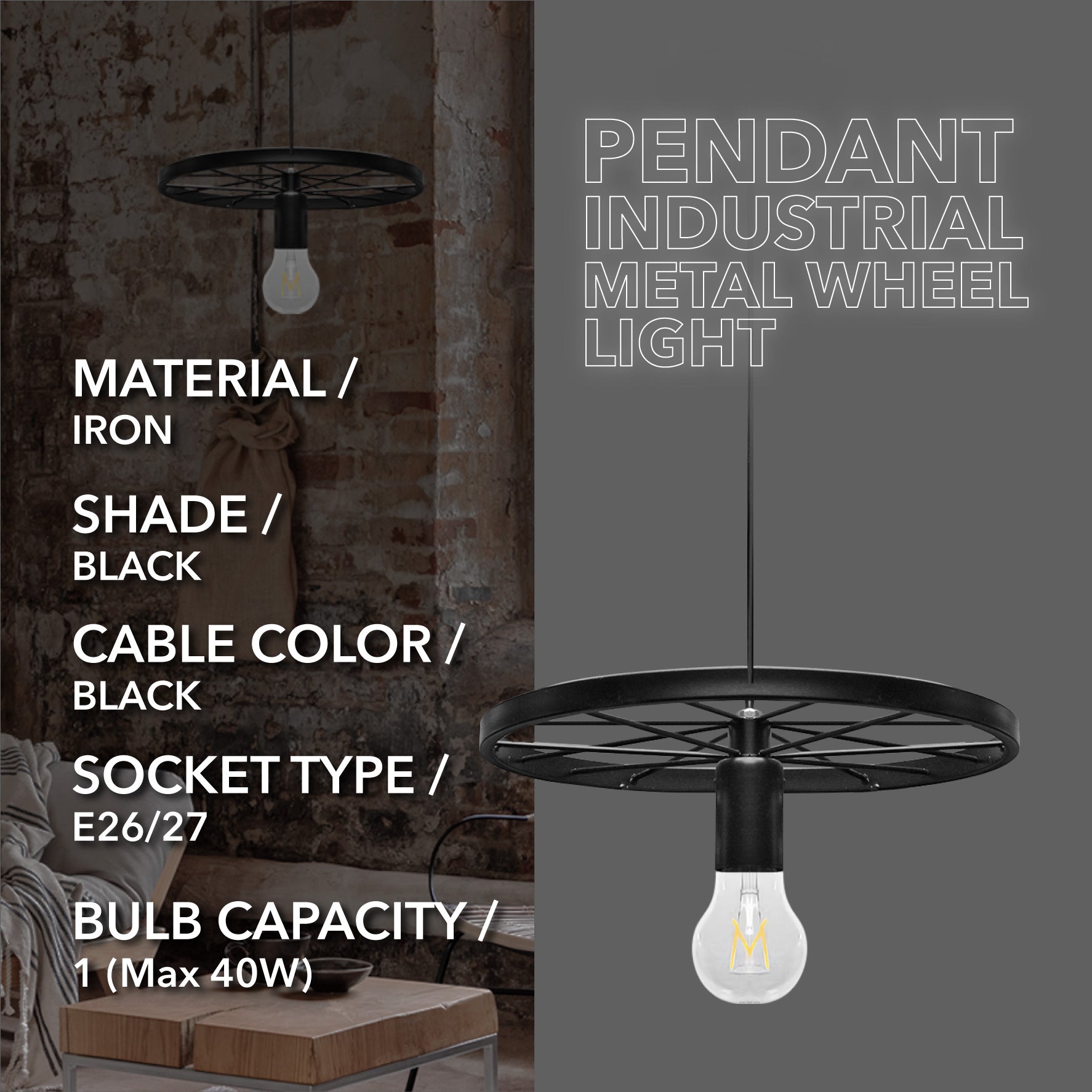Pendant Light Industrial Rustic Single Wheel Metal