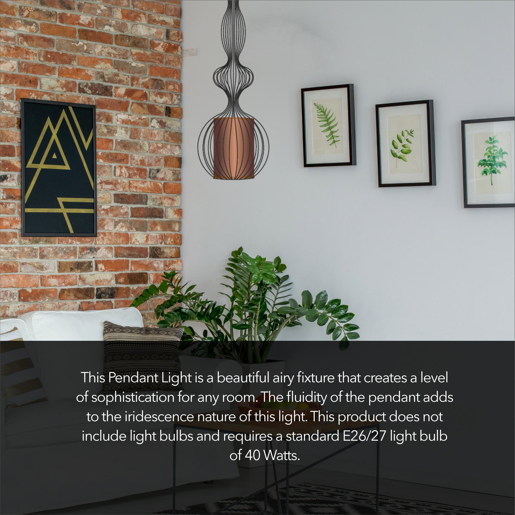 Modern Black Wire Frame Pendant Light with Diffuser – E26/E27 Hanging Ceiling Fixture