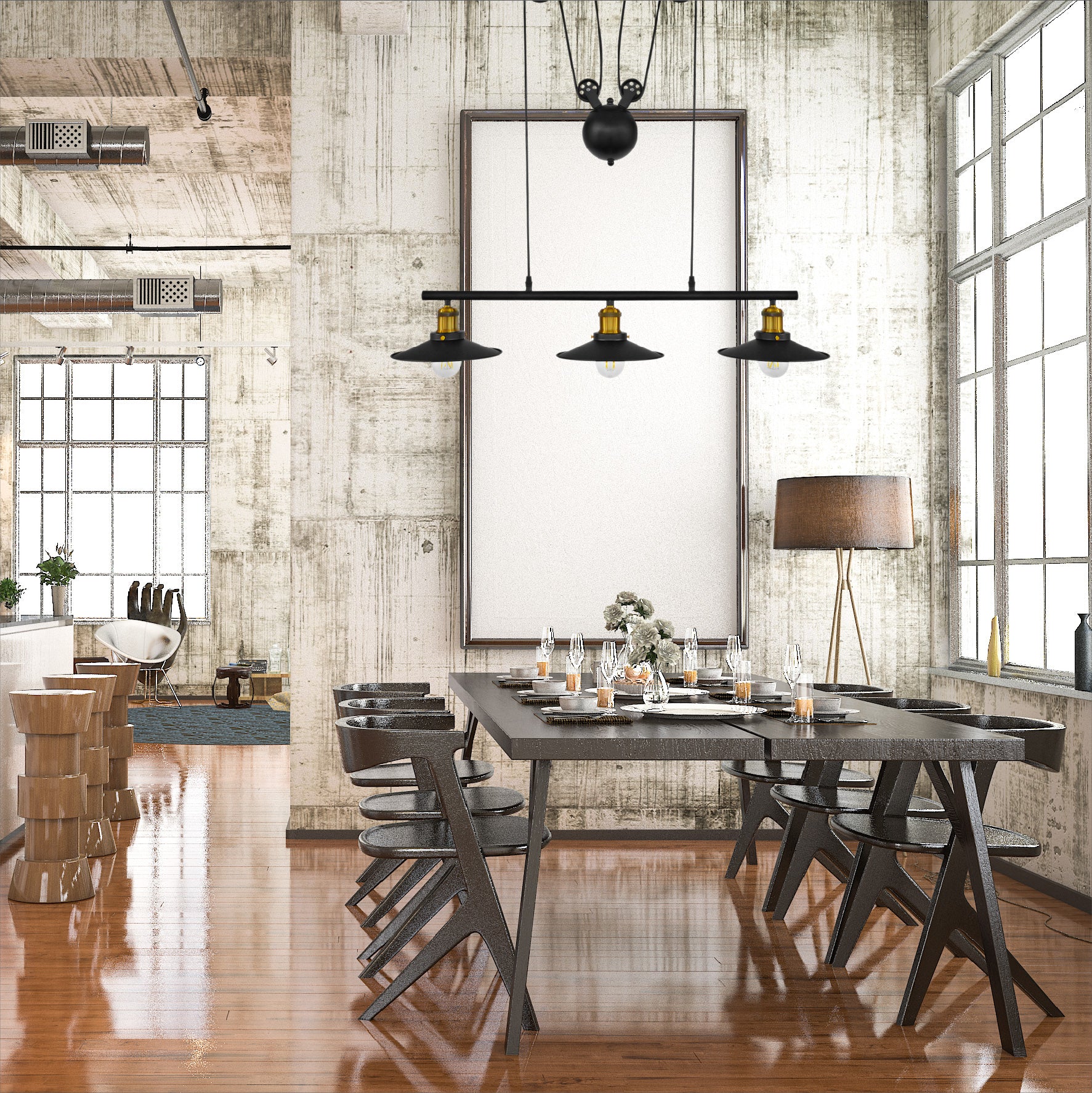 Island Pendant Light Industrial Rustic Suspension Iron 3 Light Black Kitchen Fixture