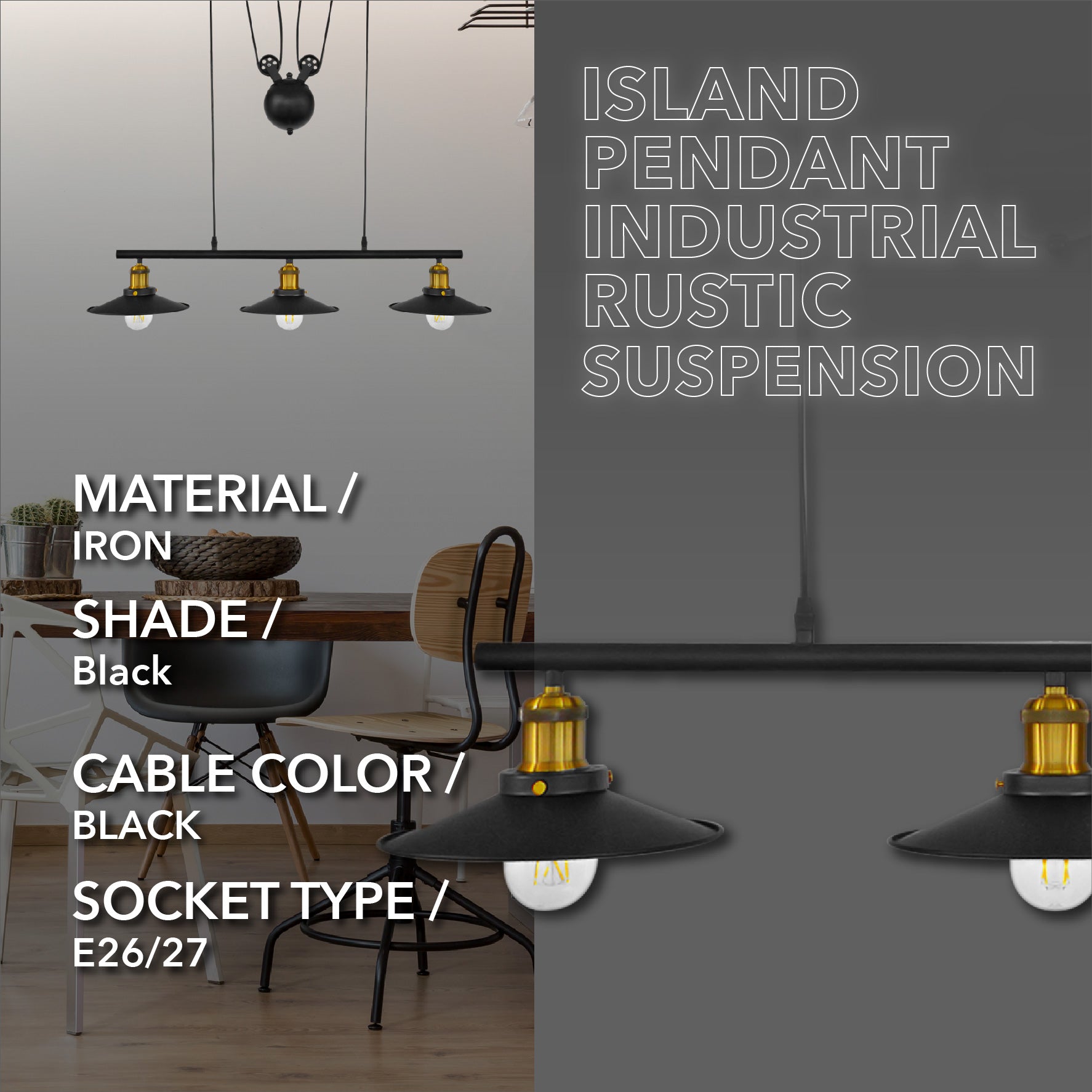 Island Pendant Light Industrial Rustic Suspension Iron 3 Light Black Kitchen Fixture