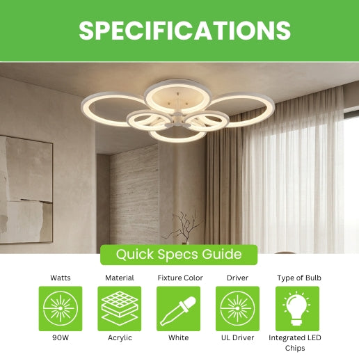 Modern Acrylic 6 Head Round Ceiling Mount LED Fixture Light – 90W Contemporary Flush Mount Ceiling Light