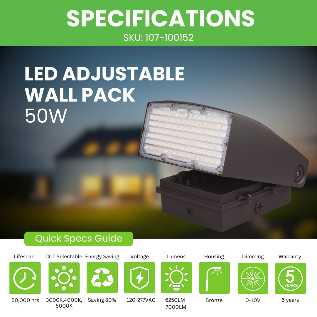 LED Adjustable Wall Pack - 50W - 7000LM - Tunable CCTs - Photocell Included - AWP - (UL + DLC 5.1)