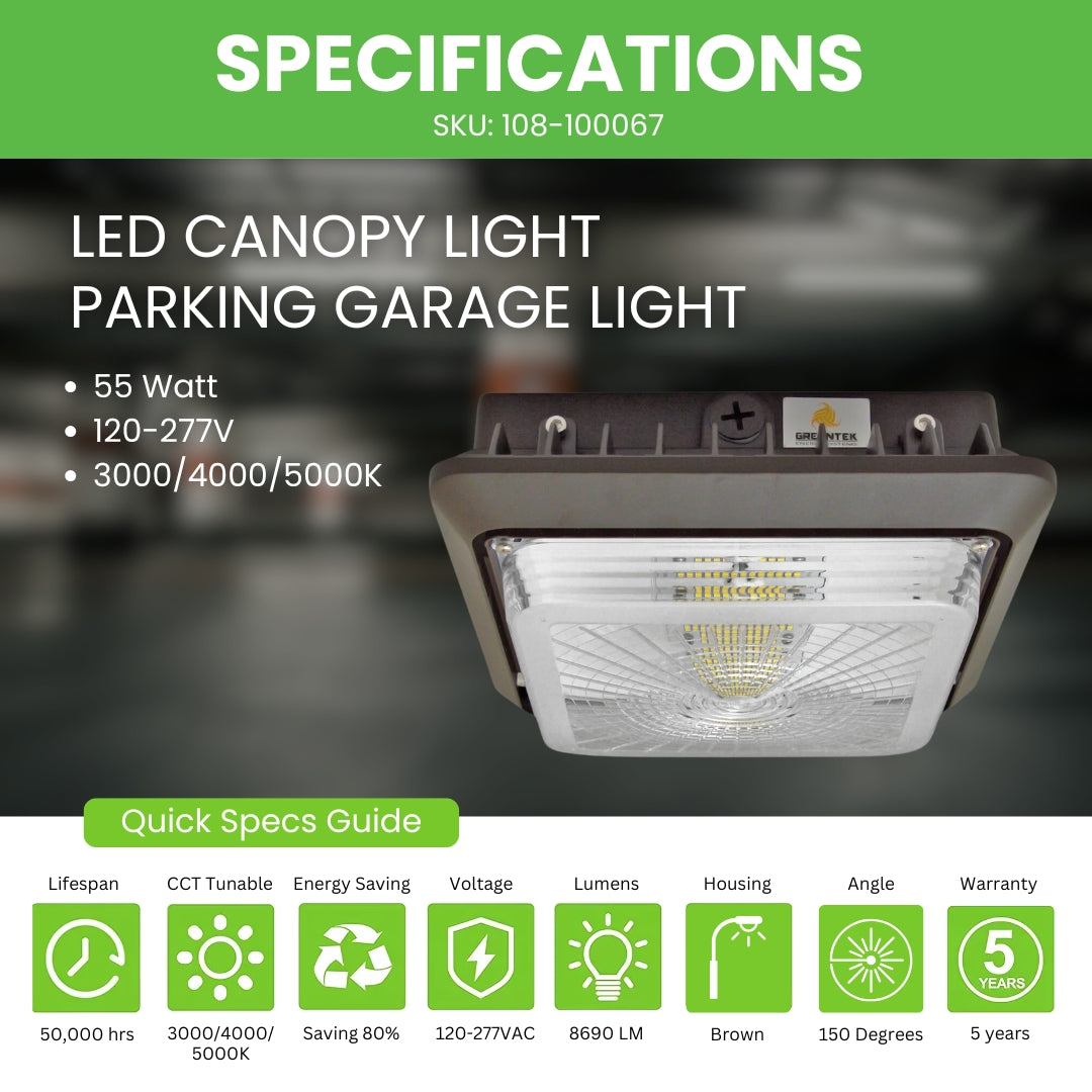 LED Canopy Light - 55W Outdoor Parking Garage Light - CCT Tunable (3000/4000/5000K) - Brown - (UL+DLC Listed)