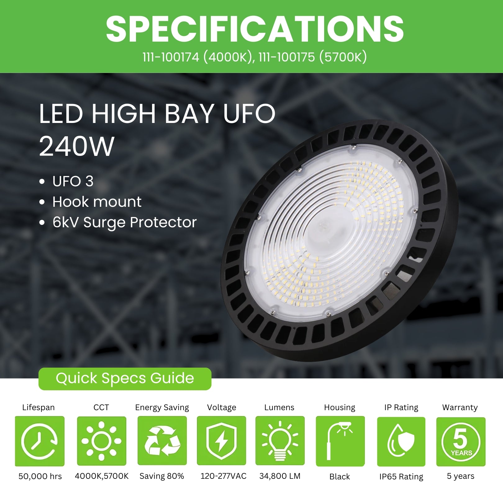 LED High Bay UFO - 240W - 34,800 Lumens - UFO3 - Hook Mount - 6kV Surge Protector - UFO Series - UL+DLC5.1