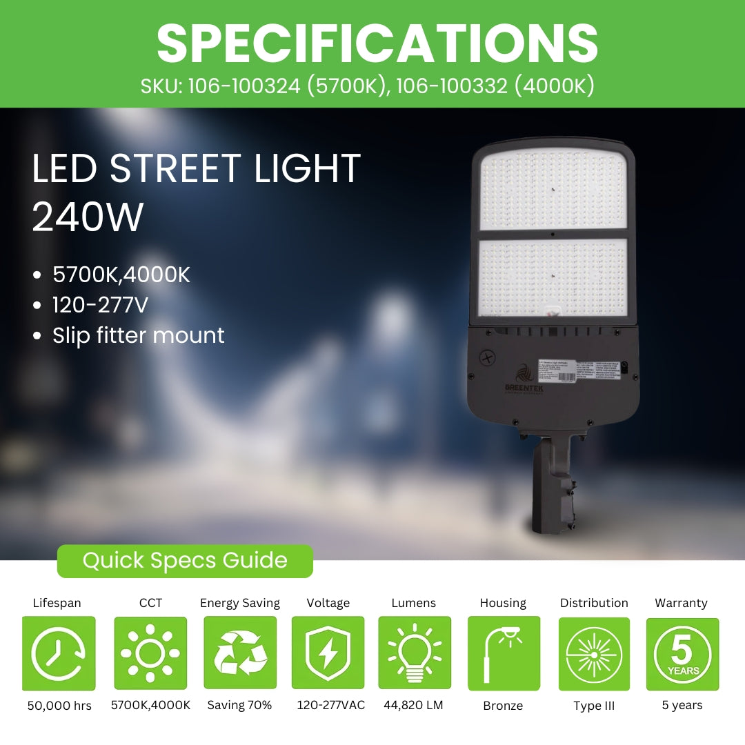 LED Street Light - 240W - 44,820 Lumens - Shorting Cap - Slip Fitter Mount - AL5 Series - UL+DLC 5.1