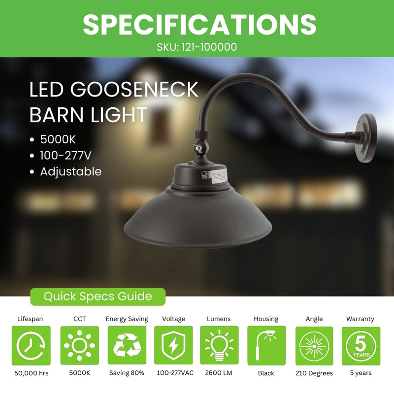 LED Gooseneck Barn Light - 20W - Swivel Head