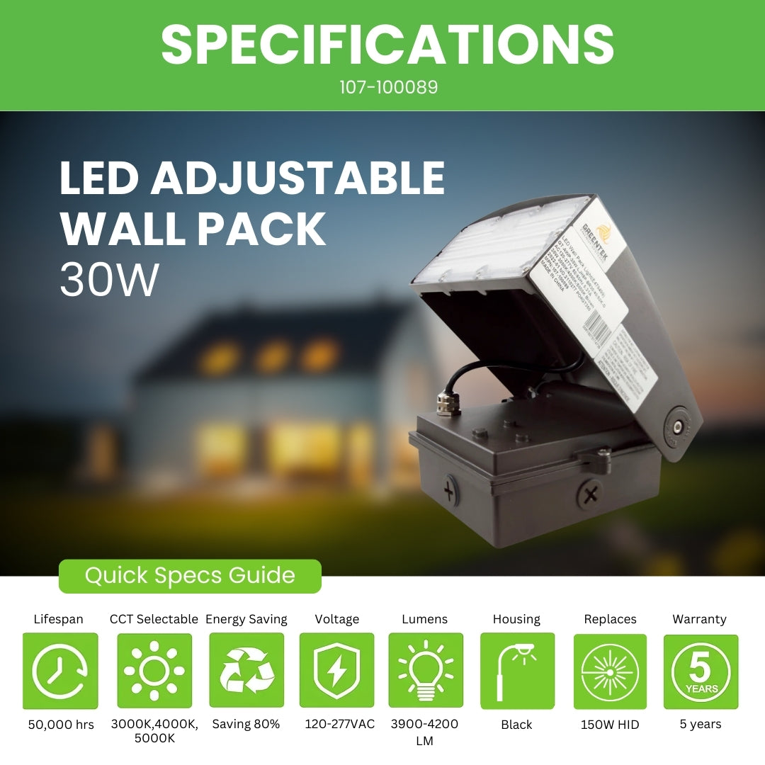 LED Adjustable Wall Pack - 30W - 4200LM - CCT Selectable - Photocell Included - (UL + DLC 5.1)