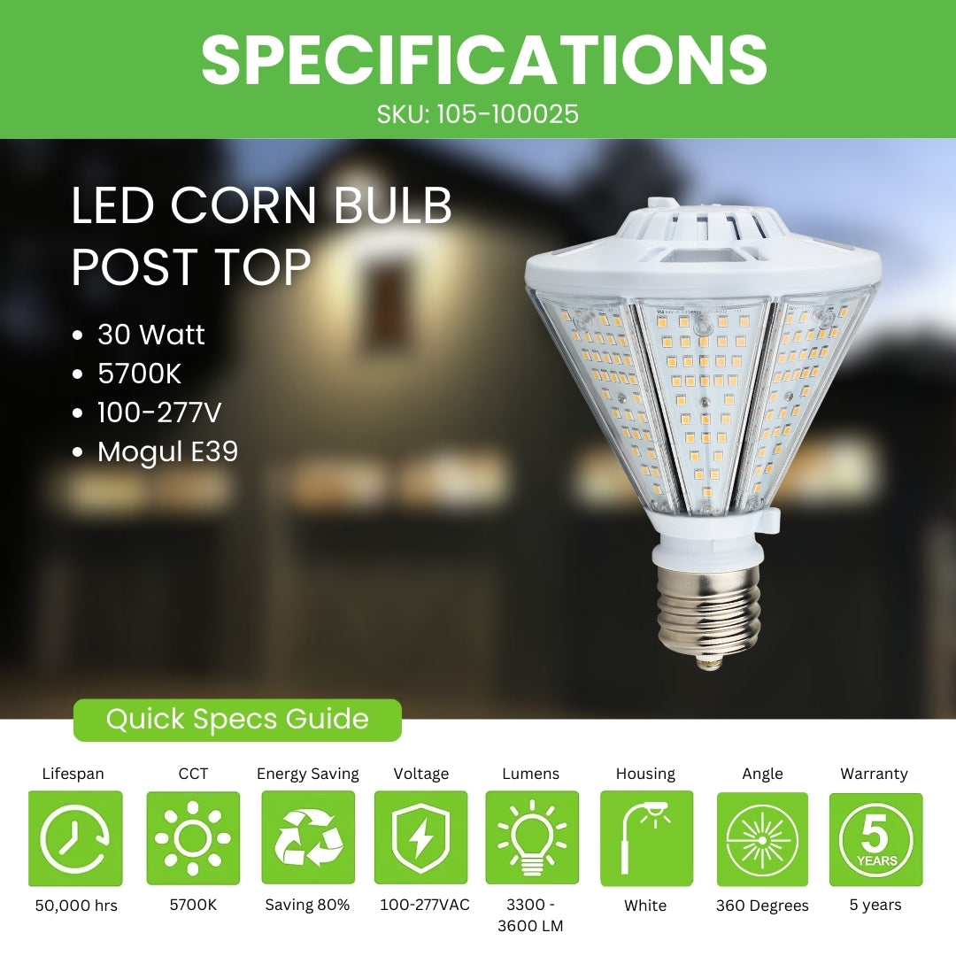 30W LED Corn Bulb Post Top - Top Socket - Mogul Base (E39) - (UL)