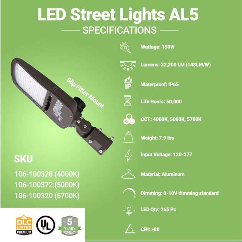 Specifications of Led Street Light with adjustable slip fitter mount by Greenlight Depot