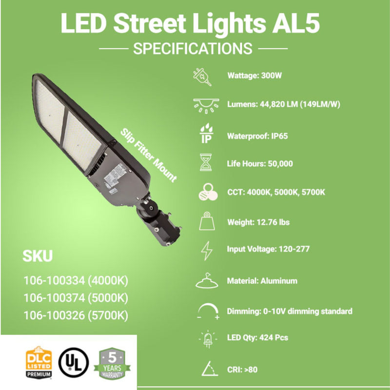 Specifications of LED Street Light 300 watts with slip fitter mount by Greenlight Depot