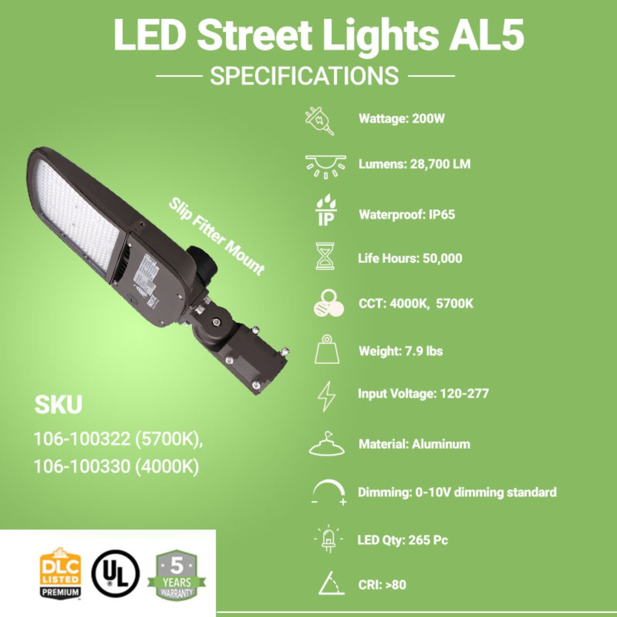 LED Street Light - 200W - 28,700 Lumens - Shorting Cap - Slip Fitter Mount - AL5 Series - UL+DLC 5.1