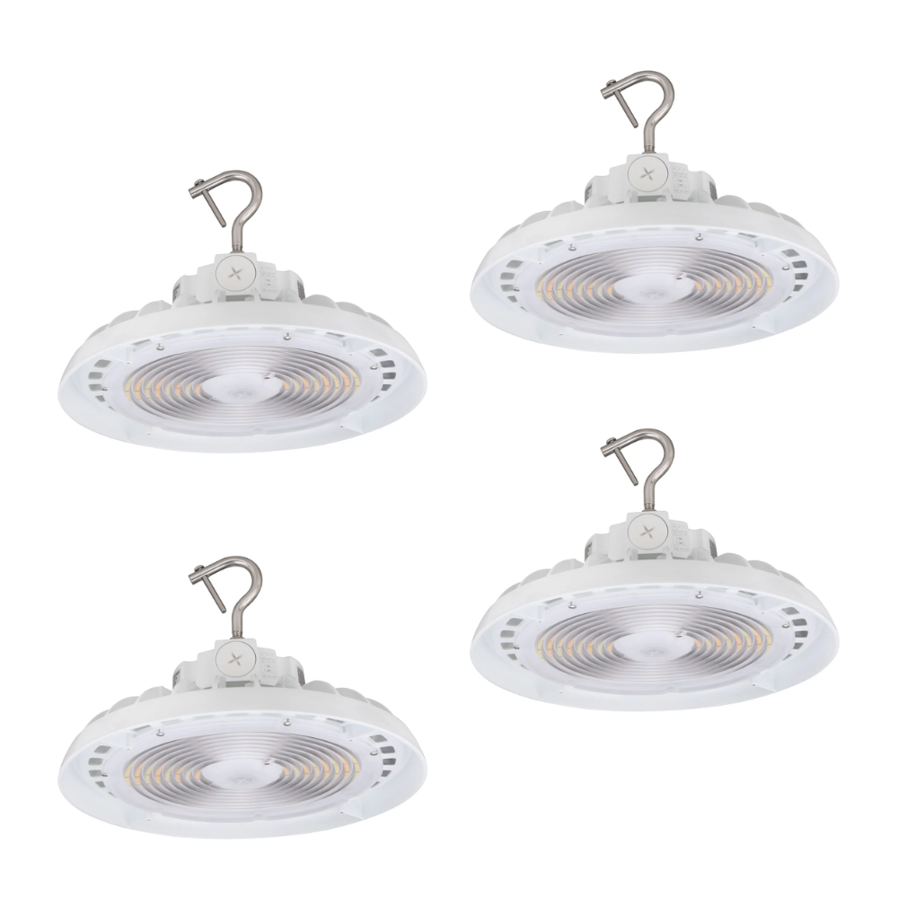 LED High Bay - 148 LM/W - 4 Pack - Wattage Tunable (150W/120W/100W) - CCT Selectable (5000K/4000K/3500K) - UFO5 - Hook Mount - White - UL DLC 5.1