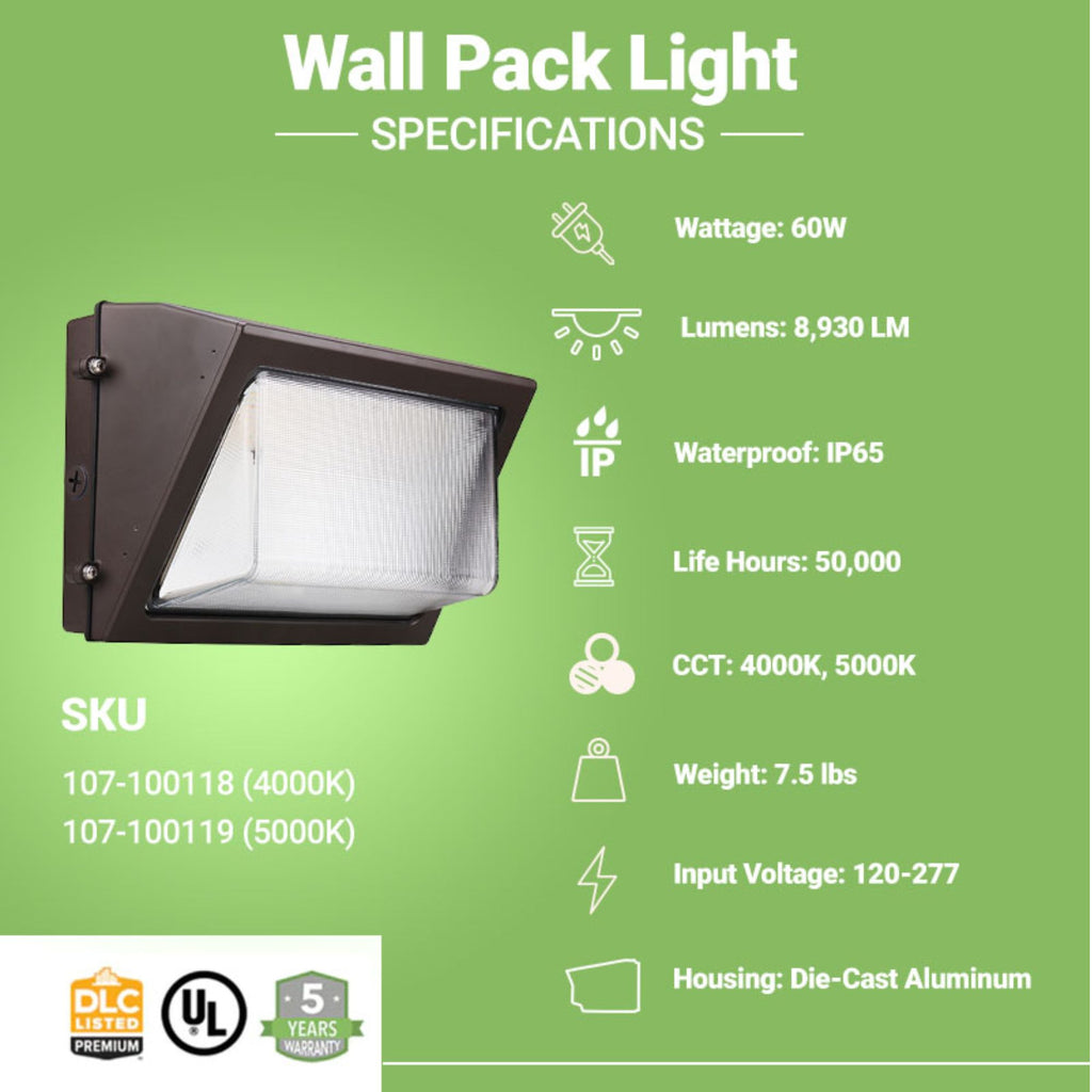 60W LED Wall Mount Light | 9,595 Lm Photocell DLC SWP5 USA
