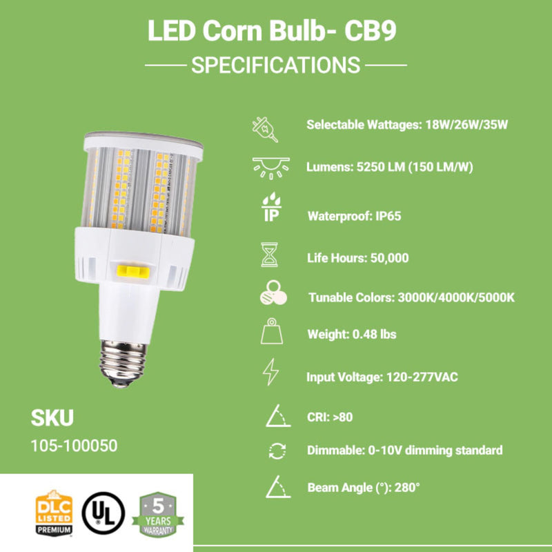 35W LED Corn Bulb - Selectable Wattages (18W/26W/35W) & Color Tunable - HID Replacement - CB9 - E26 -5 Year Warranty - (UL+DLC)